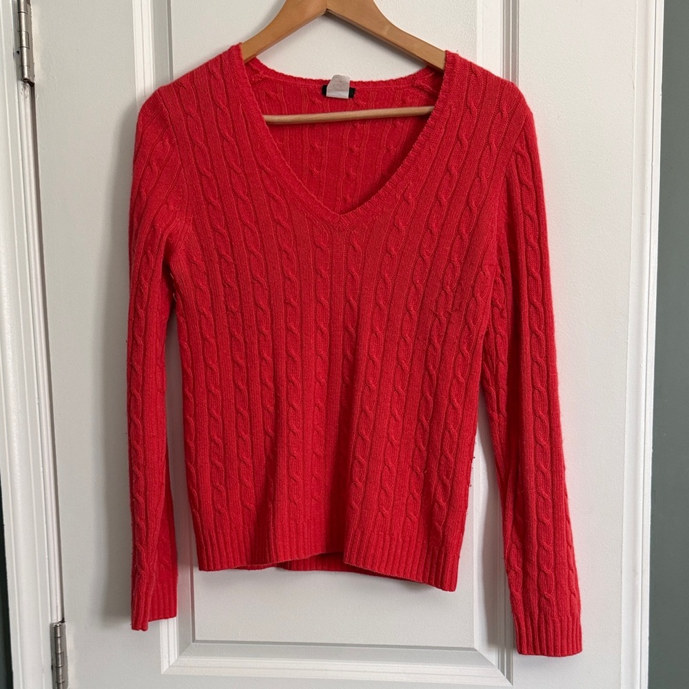 J. Crew Vibrant Coral V-Neck Cable Sweater